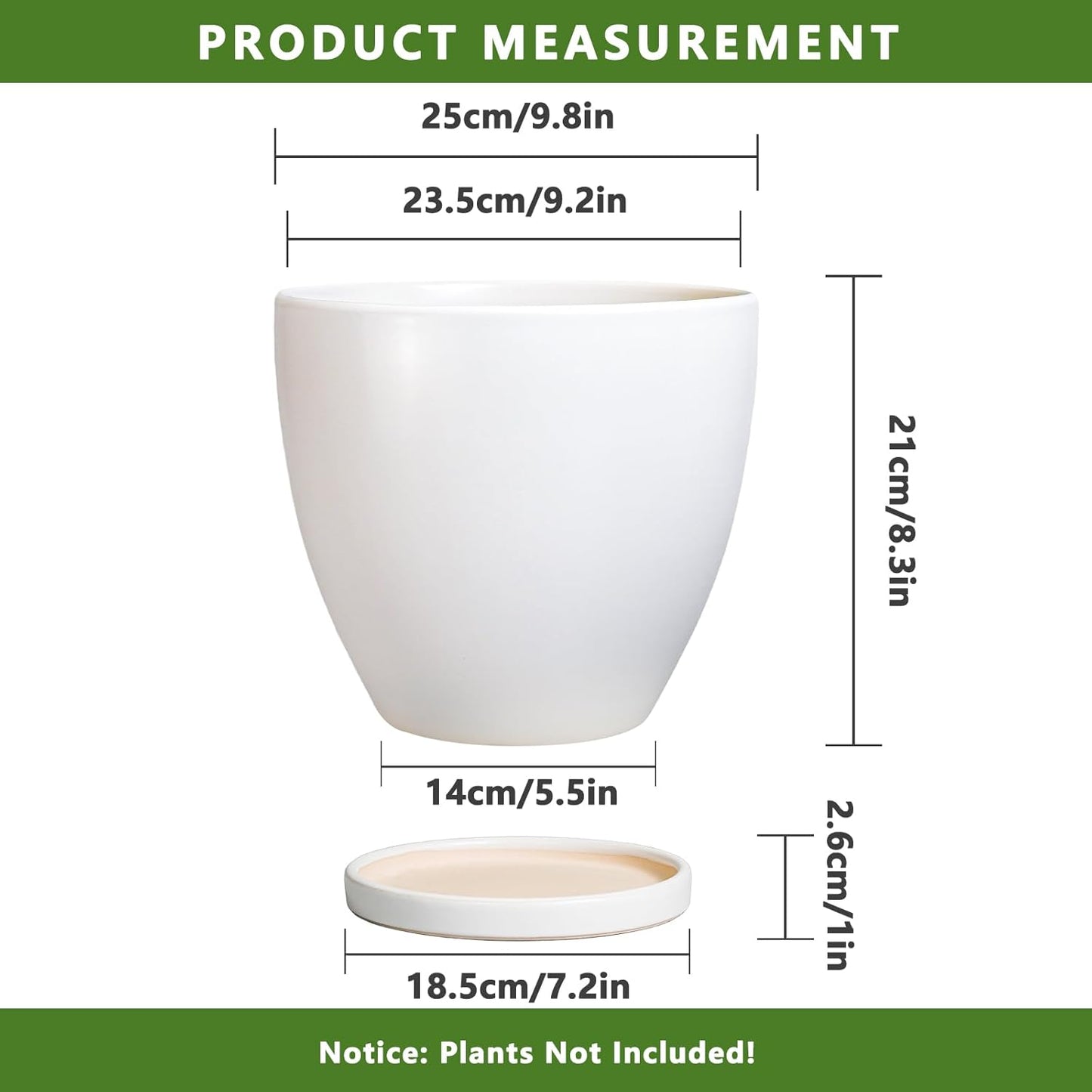 Ceramic Planter - 10 Inch Plant Pot with Drainage Hole and Tray, Flower Pot Planters for Indoor Plants, Modern Room Garden Patio Bathroom Living Room Porch Home Decor， White