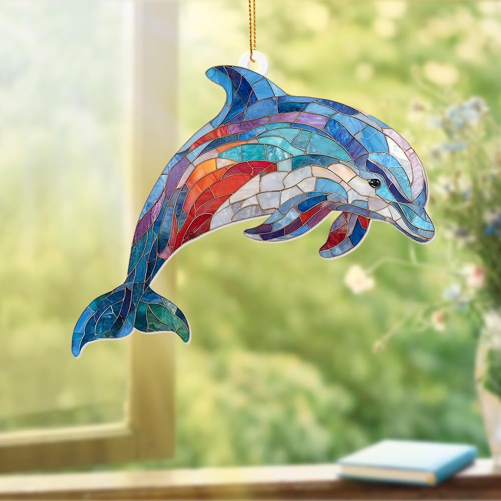 Dolphin Stained Glass Ornament, Ocean Marine Life Window Hanging Suncatcher Acrylic Decor, Nautical Animal Ornament for Home, Car Mirror, Beach House, Collectible Gift for Dolphin Lovers(Sun-08)