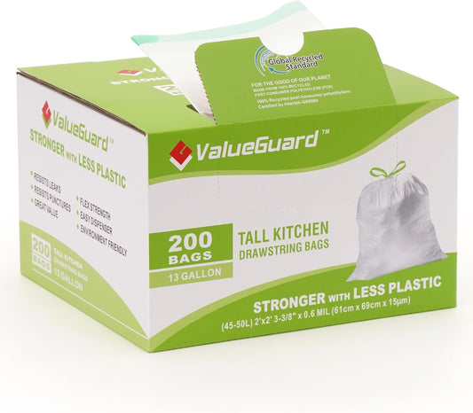Large Trash Bag 13 Gallon Tall Drawstring 100% Post-Consumer Recycled Garbage Bag Waste Bag for
