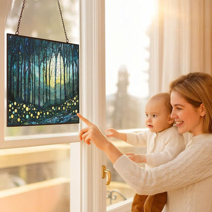Personalized Rectangle Boho Firefly Forest Suncatcher Stained Glass Window Hangings Sun Catchers Colorful Ornament Gifts for Women Mom Wife Halloween Christmas Housewarming