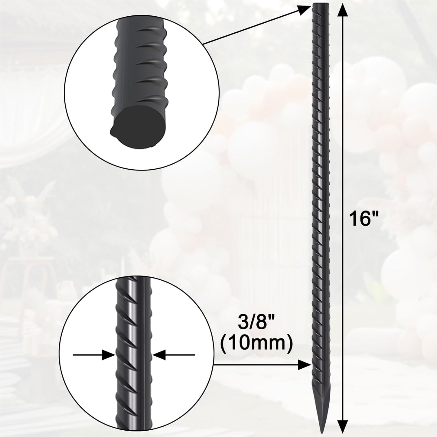 16 Inch Rebar Ground Stakes 20 Pack 3/8 Inch Diameter Straight Metal Stakes for Ground Heavy Duty with Chisel Point End Concrete Forming Spikes for Plant Support and Fence, Black