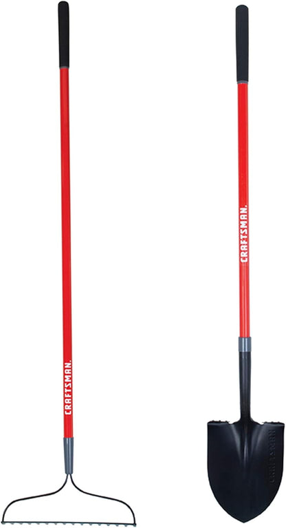 Craftsman 2-Piece Garden Tool Set with Digging Shovel and Bow Rake, Fiberglass Handles, Cushion Grips, for Landscaping, Gardening & Construction
