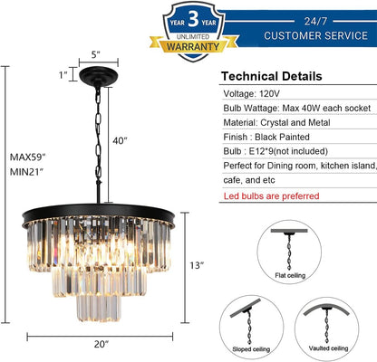 Crystal Chandeliers for Dining Room Lights Fixtures, 9 Lights Black Modern Chandeliers for Bedroom, 3-Tier Round Crystal Lighting Fixtures for Living Room Entryway Kitchen Island D20 Inch