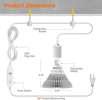 Bstrip Hanging Grow Lights for Indoor Plants, 25W Full Spectrum, White Plant Light Bulb with Timer, 16.4FT Power Cord, 5000K, Pendant or Ceiling Installation, Perfect for Tall Plants, and Plant Shelf