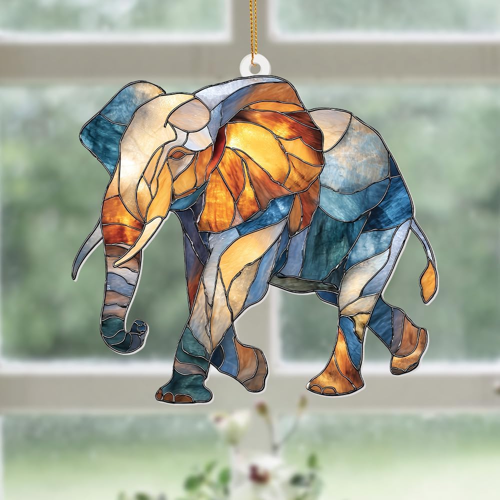 Elephant Ornament Stained Glass Style Acrylic – Window Hanging Suncatcher, Elephant Gifts for Women, Wildlife Animal Decor, Rearview Mirror Ornament, Holiday Christmas Tree Decorations(Sun-27)