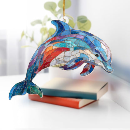 Dolphin Stained Glass Ornament, Ocean Marine Life Window Hanging Suncatcher Acrylic Decor, Nautical Animal Ornament for Home, Car Mirror, Beach House, Collectible Gift for Dolphin Lovers(Sun-08)