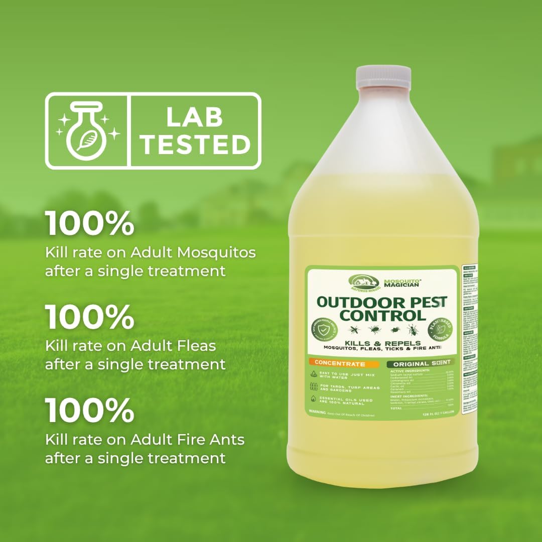 Mosquito Magician Liquid Concentrate - Kills Mosquitoes, Fleas, and Fire Ants - Use with Pump or Backpack Sprayers, Foggers, or Automatic Misting Machines - Ideal for Yards, Lawns, Patios - 1 Gallon