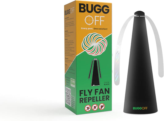 BUGGOFF Black Fly & Flying Insect Repellent Fan with Twin Blades, Table top & Hangable, Battery