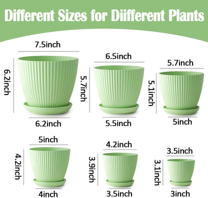 7.5/6.5/5.5/4.9/4.2/3.5 Inch Plant Pots with Saucers & Drain Holes - Indoor/Outdoor Flower Pots for Succulents, Herbs, Cactus - Modern Lightweight Durable Planter Set, Green