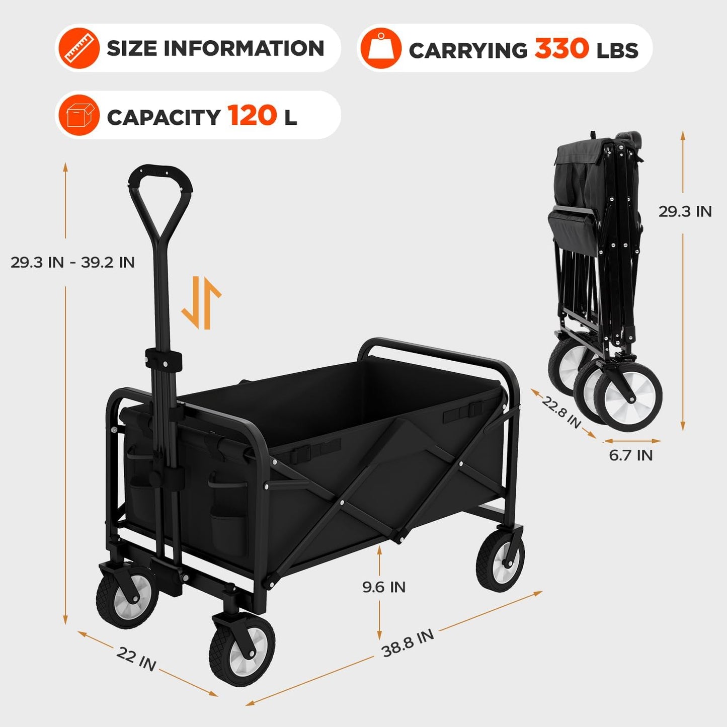 PayLessHere 38" Collapsible Wagon Folding Foldable Garden Cart with Large Capacity, 330 LBS Capacity Portable Utility Wagon Cart Heavy Duty for Beach Camping Shopping Garden,Black