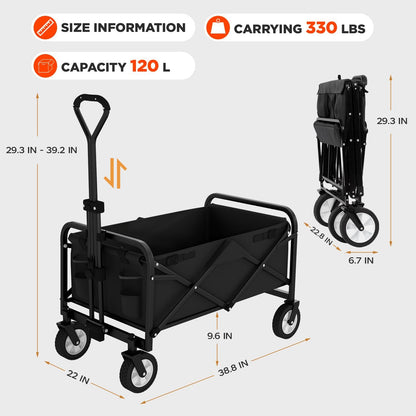 PayLessHere 38" Collapsible Wagon Folding Foldable Garden Cart with Large Capacity, 330 LBS Capacity Portable Utility Wagon Cart Heavy Duty for Beach Camping Shopping Garden,Black
