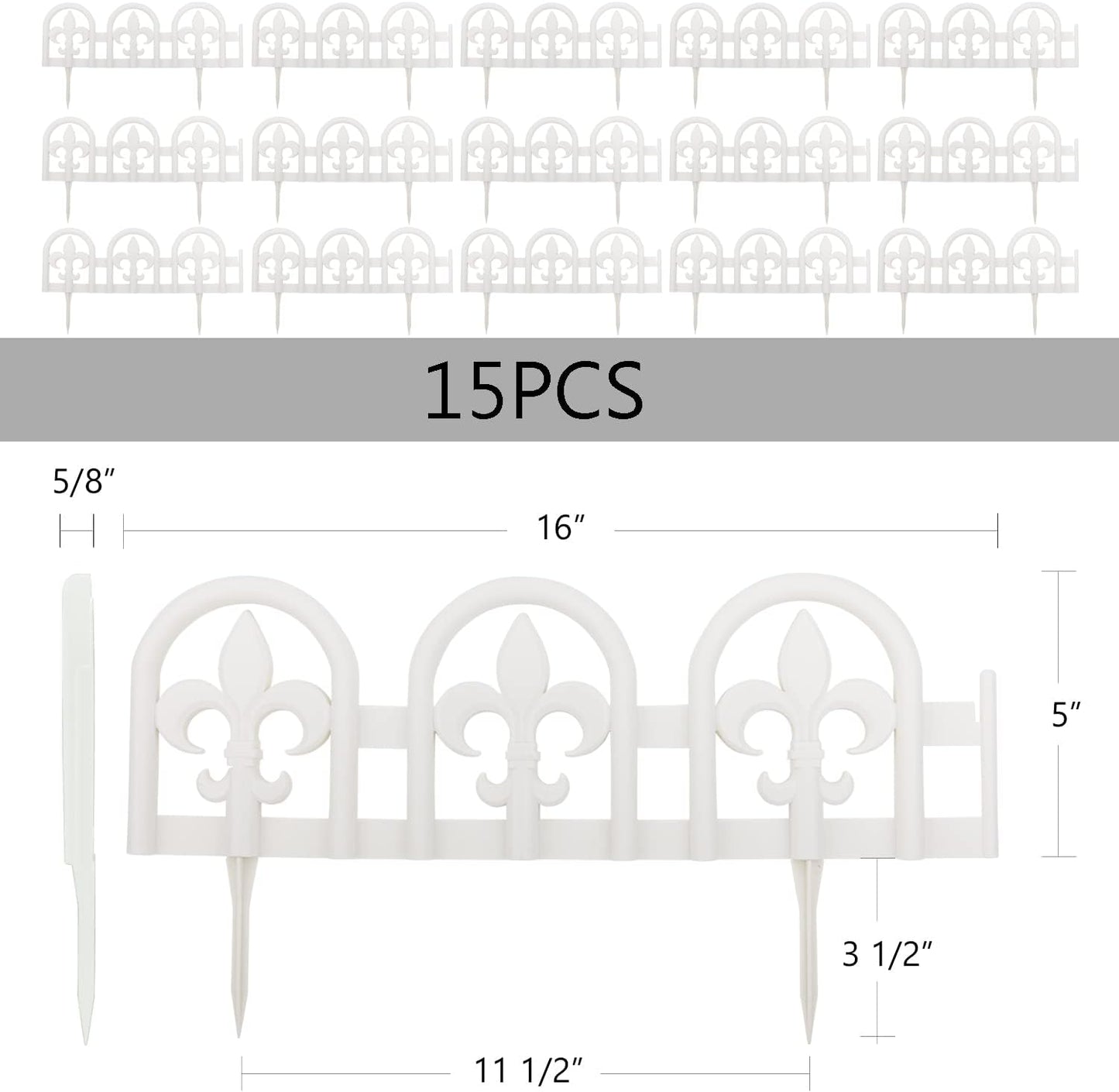Evelyne White Garden Border Plastic Edging: Wrought Iron Design - 15pcs White Yard Landscaping Fence Liner Lawn Edge Barrier - 20ft Kit of Decorative Lawn Landscape Panels Elements