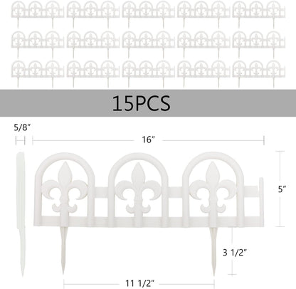 Evelyne White Garden Border Plastic Edging: Wrought Iron Design - 15pcs White Yard Landscaping Fence Liner Lawn Edge Barrier - 20ft Kit of Decorative Lawn Landscape Panels Elements