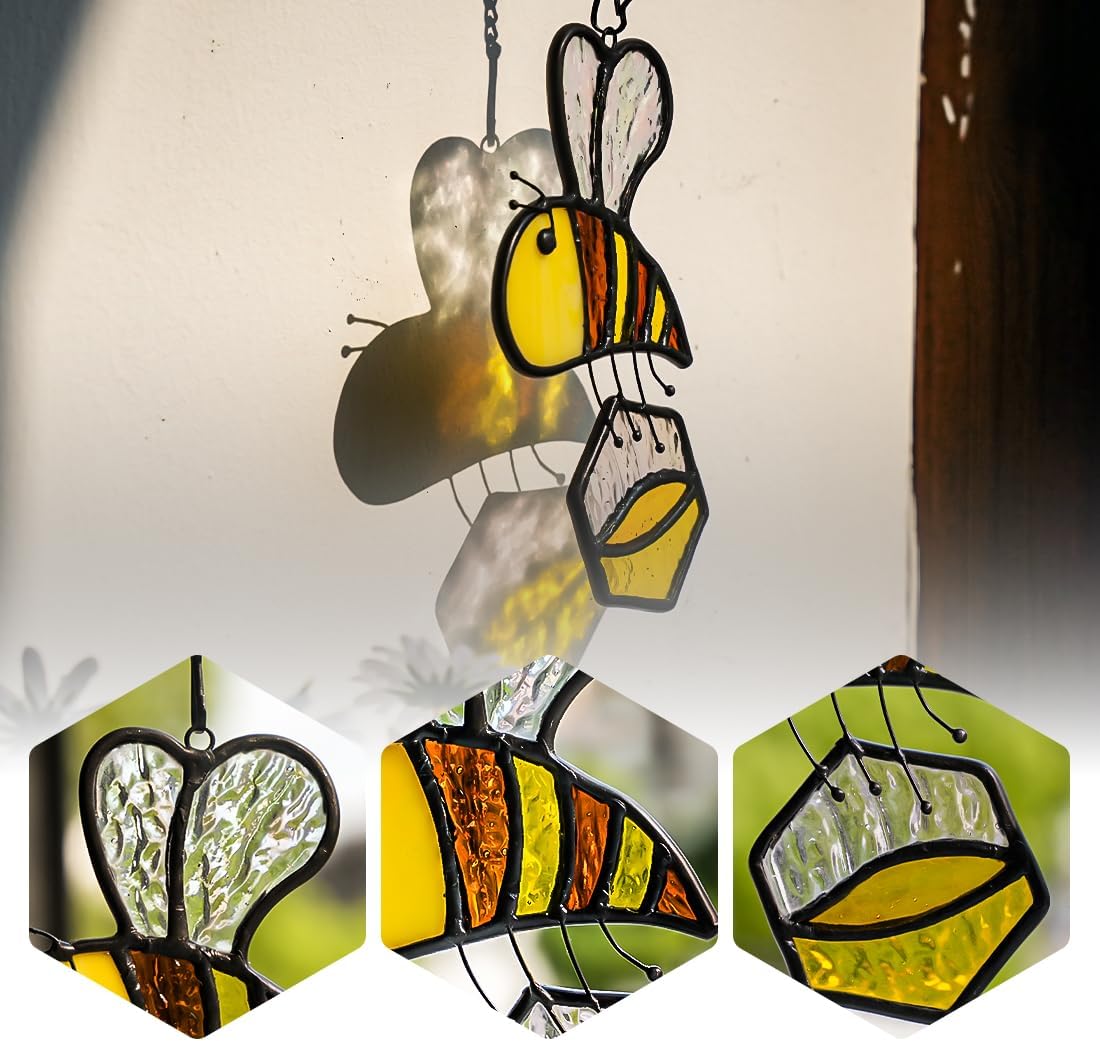 BOXCASA Honey Bee Decor Stained Glass Suncatcher,Bumble Bee Stained Glass Window Hanging,Birthday Bees Gifts for Bees Lover Women Mom Kids,Honeypot Decorations for Home