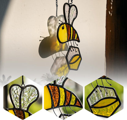 BOXCASA Honey Bee Decor Stained Glass Suncatcher,Bumble Bee Stained Glass Window Hanging,Birthday Bees Gifts for Bees Lover Women Mom Kids,Honeypot Decorations for Home