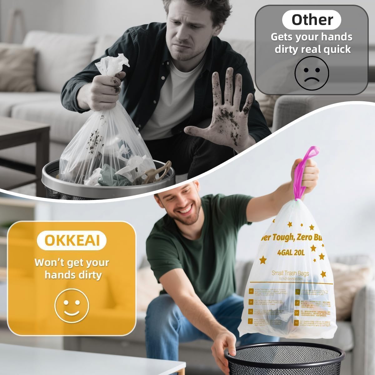 OKKEAI 4 Gallon Small Tear-Free Drawstring Trash Bags, White Bathroom Garbage Bags 60 Count – Heavy Duty Leak-Proof Wastebasket Liners with Safety Warning for Bathroom, Kitchen, Bedroom, Office