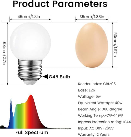 LED Light Bulb, 95Ra Daywhite Refrigerator Light Bulb G45 40W Equivalent, 5W 6000K E26 Waterproof Full Spectrum Lightbulbs Cool White Small Grow Light for Home, Bathroom, Vanity, Freezer, Plant