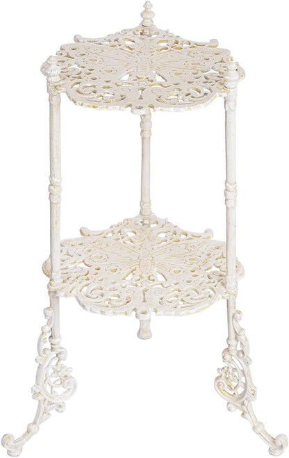 Sungmor Vintage Cast Iron 2-Tier Plant Stand, Elegant Butterfly & Floral Design with Antique White Finish, 24 Inch Tall Rustic Flower Pot Holder, Heavy Duty Metal Display Shelf for Indoor and Outdoor