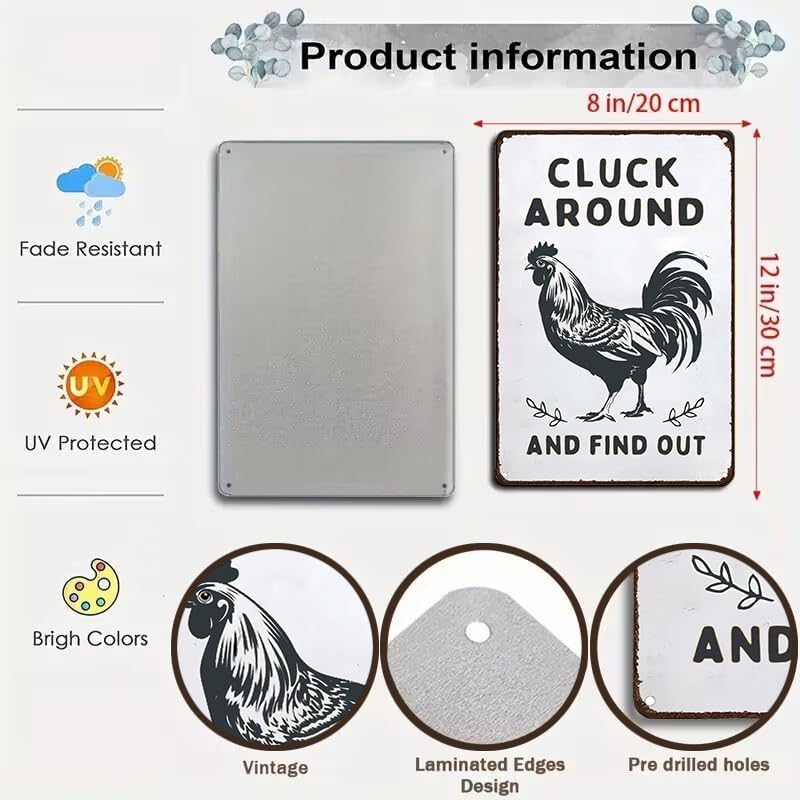 Funny Chicken Gifts Chicken Cluck Around and Find Out Tin Sign for Home Farm Chicken Coop Farmhouse Kitchen Garden Decor 8 X 12 Inch (3020)