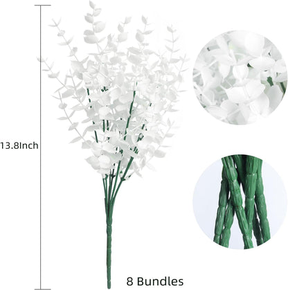 Artificial Fake Outdoor Plants Flowers for Spring Decoration, Faux Plastic Plants Outdoor Flowers UV Resistant Realistic for Home Outside Planter Window Porch Patio Garden(Pure White Eucalyptus)