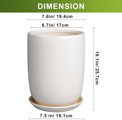 Plant Pot 8 Inch - Ceramic Planter for Indoor Plants Outdoor, Large Plant Pot with Drainage Hole and Saucer, Modern Flower Pot, White