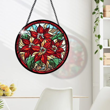 Red Flower Stained Glass Window Hanging, Hanging Sun Catcher Ornament, Red Flower Botanical Glass Panel, Window Ornament for Indoor Outdoor, Gifts for Christmas Housewarming, Birthday Party, Wedding