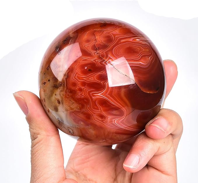 JIC Gem 2.7-3.1 inch(70-80mm) Large Red Agate Crystal Ball Round Healing Crystals Decorative Sphere with Wooden Stand Meditation Witchcraft Home Decor