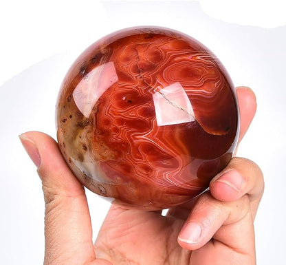 JIC Gem 2.7-3.1 inch(70-80mm) Large Red Agate Crystal Ball Round Healing Crystals Decorative Sphere with Wooden Stand Meditation Witchcraft Home Decor