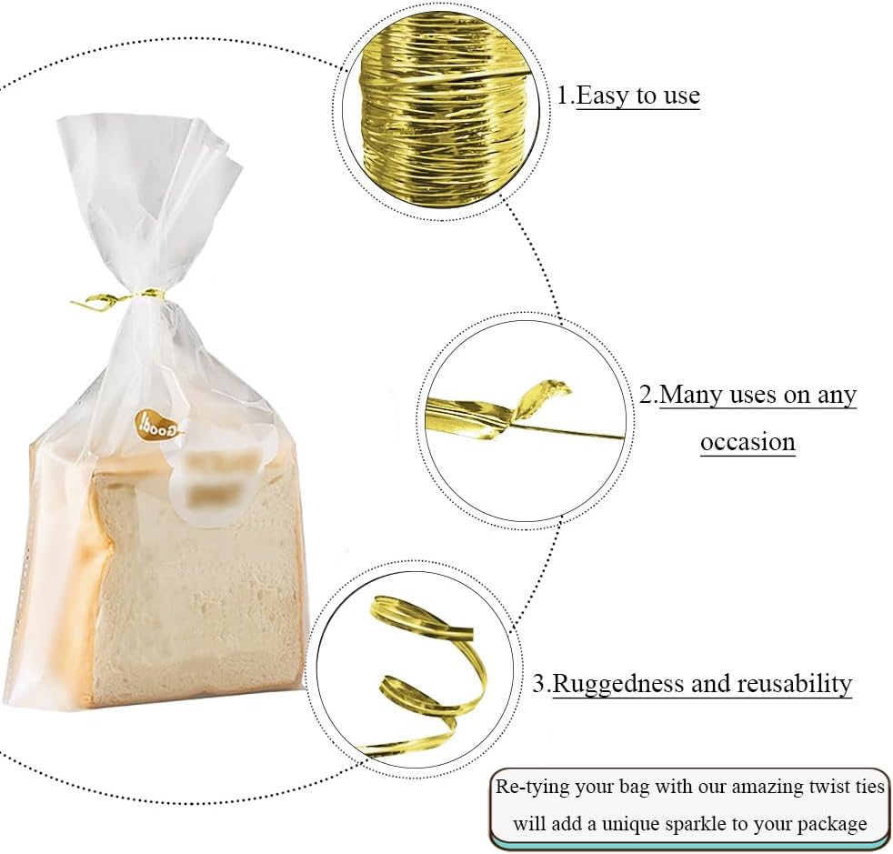 HAHIYO 350Yards/1050Feet/320M Gold Metal Twist Ties for Bread Candy Coffee Plant Garden Cellophane Treat Bags Gift Wrapping Plastic Halloween Party Cake and Craft Projects