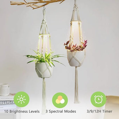Macrame Plant Hanger with Grow Light: 2 Pack Sturdy Hanging Planters for Indoor Plants, Cute Plant Holder with Plant Light, Perfect for Different Size Pots (Daylight Spectrum)