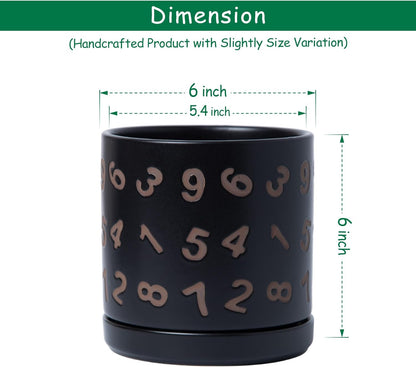 D'vine Dev Set of 2 Ceramic Planter Pots with Drainage Hole and Saucer, 6 Inch Plant Pots for Plants Indoor Houseplants, Black, 99-Z-B-2-Y