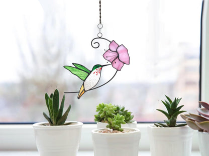 Lolitarcrafts Hummingbird with Flower Stained Glass Suncatcher Bird Stained Glass Window Hangings Hummingbird Gift for Home Decor (Green with Flower)