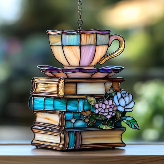 Flowers Book and Tea Acrylic Suncatcher Stained Glass Effect Window Car Hanging Christmas Ornament