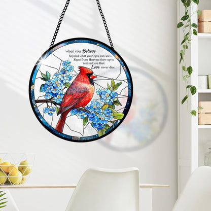 Red Cardinal Stained Glass Window Hanging, Bird Suncatcher for Window, Condolences Suncatcher Glass, Red Bird Home Decor for Remembrance and Healing, Diamond Glass Decor, Sympathy Gifts for Women Men