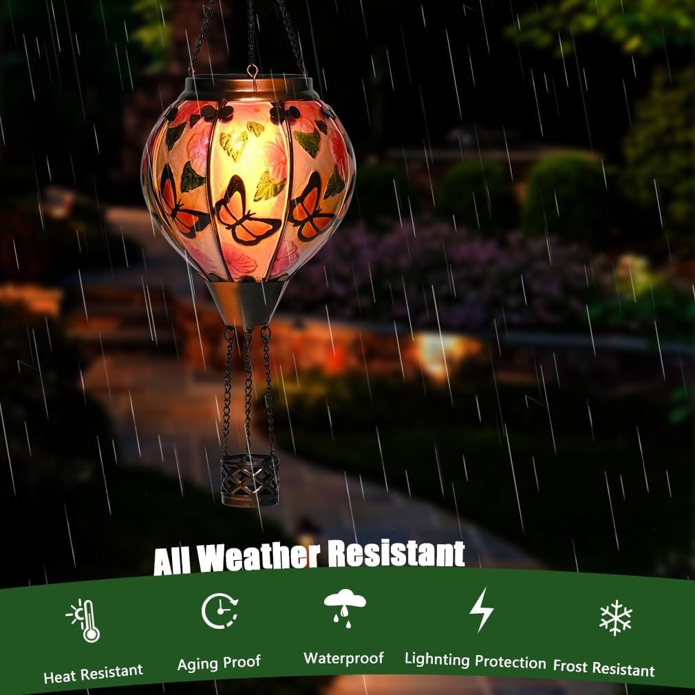 Hot Air Balloon Solar Lantern - Butterfly Stained Glass Lantern, Simulated Flickering & Dancing Flame, Outdoor Hanging Yard Light Waterproof IP65 for Patio Lawn Porch Decor Gift