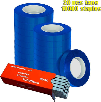 20Rolls of 100 Feet tie Tape and 1 Box of Staple (10000 PCS Staples) for Plant Tying Machine,Plant Tape for Climbing Plants, Grapes, Raspberries, Tomatoes and Vining Vegetables Flowers-Blue
