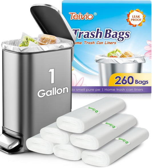 1 Gallon 260 Counts Small Trash Bags Garbage Bags by Teivio, Bathroom Trash Can Bin Liners, Small Plastic Bags for home office kitchen, Clear