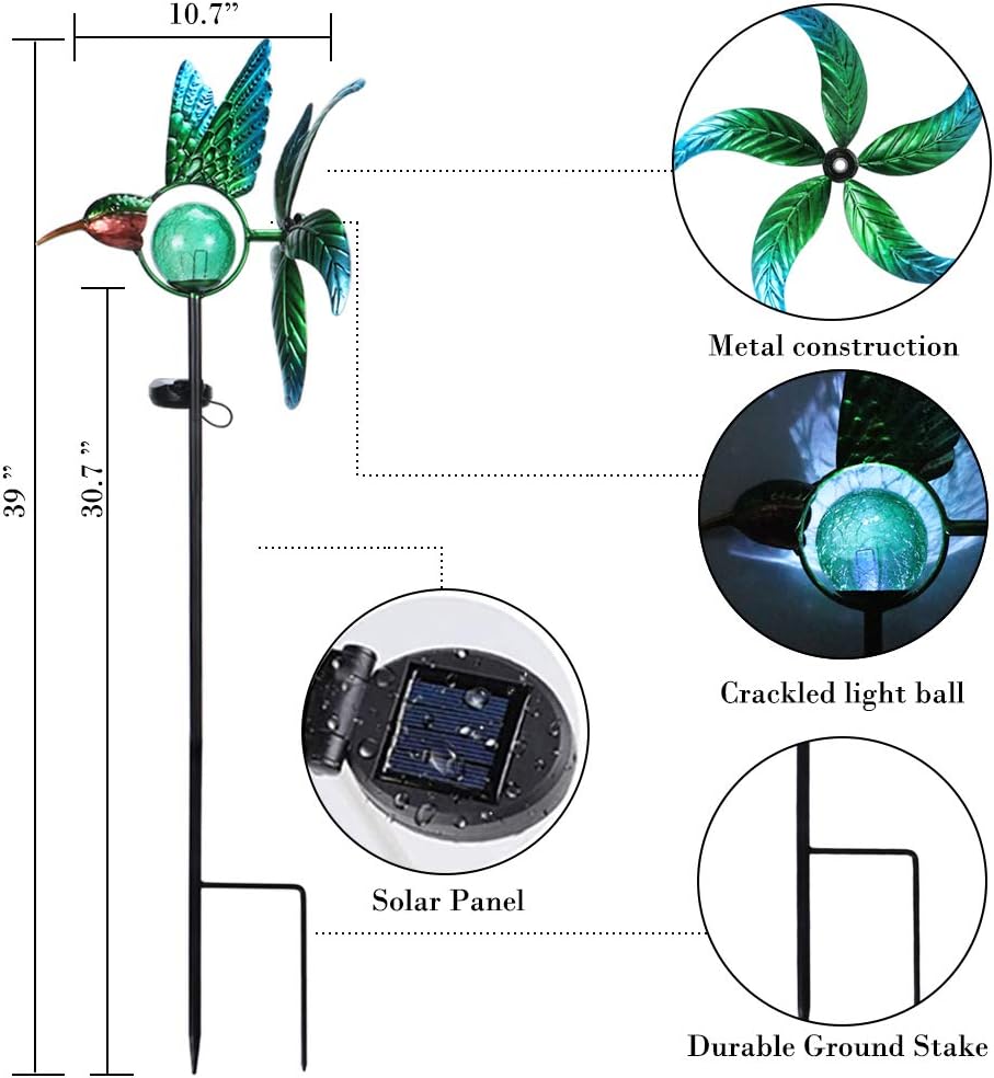 Afirst Solar Hummingbird Wind Spinner, Metal Kinetic Garden Stake Lights Wind Spinners, Outdoor Lights Lawn and Garden Décor