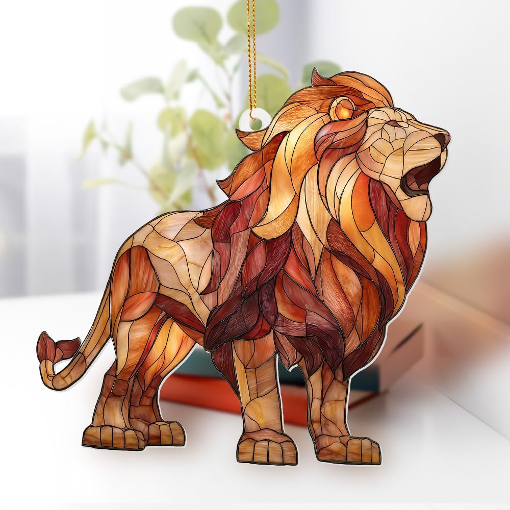 Lion Stained Glass Ornament Acrylic Window Hanging Sun Catcher – Wildlife Animal Decor for Christmas Tree, Rearview Mirror, Home & Car Accessories, Safari Gifts for Men Women, Symbol of StrengthSun-26