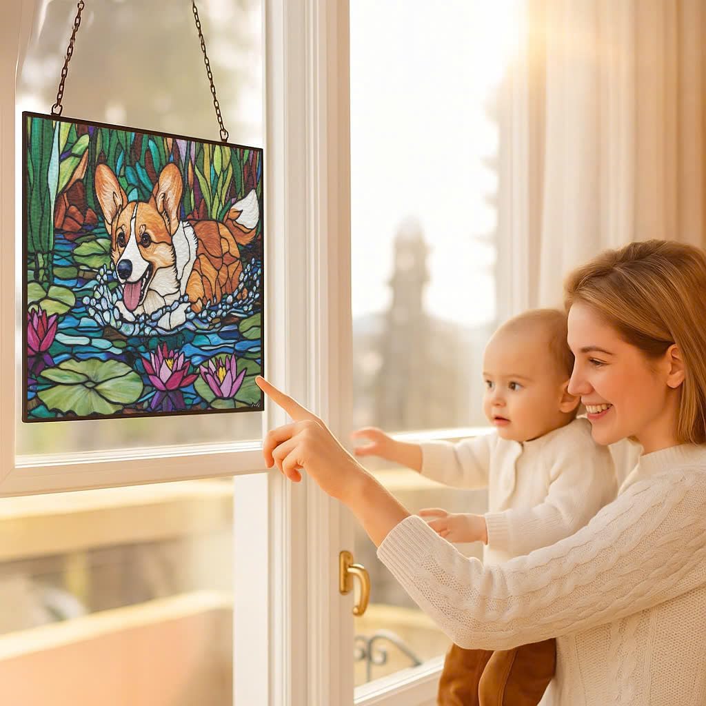 Customized Rectangle Boho Corgi in Lily Pond Stained Glass Suncatcher Window Hanging, Gothic Christmas Ornaments for Fiction Lovers, Dinosaur Room Decor for Nursery New Home Gifts