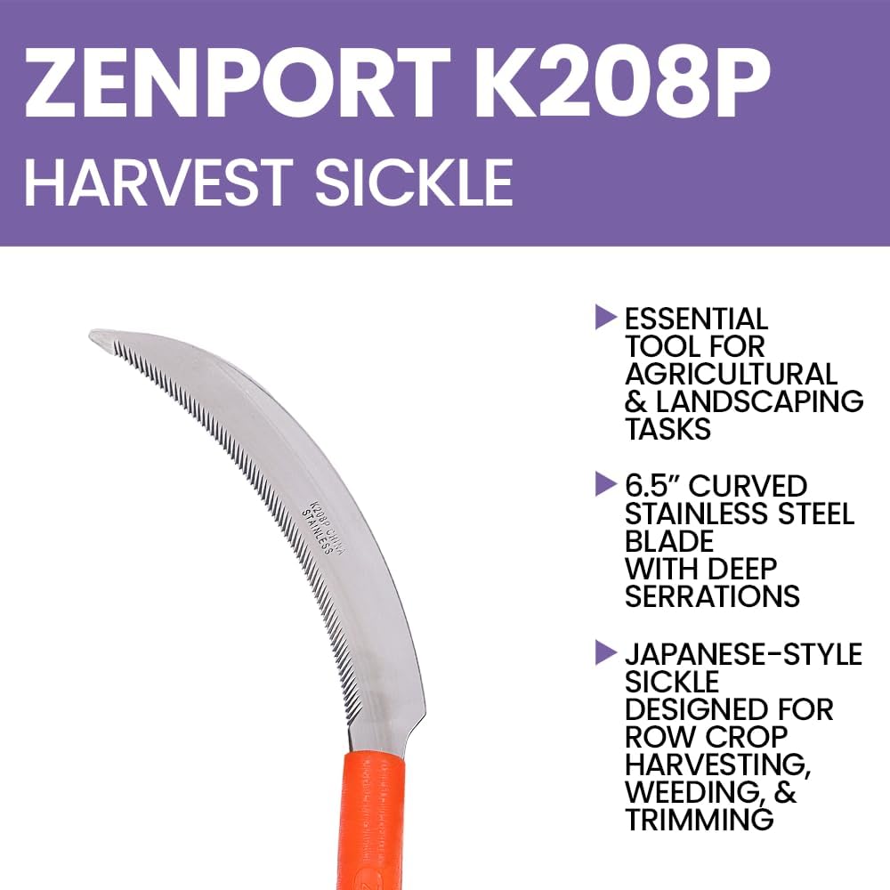 Zenport K208P Harvest Sickle with Plastic Handle, Light Serration, 6.5-Inch Stainless Steel Blade, Orange (3)