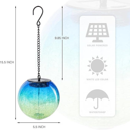 Hanging Solar Lights Outdoor Solar Lanterns Outdoor Decorative Cracked Glass Ball Lights Solar Powered Waterproof LED Globe Lantern for Outdoor Porch Patio Garden Decor Gift Blue&Green