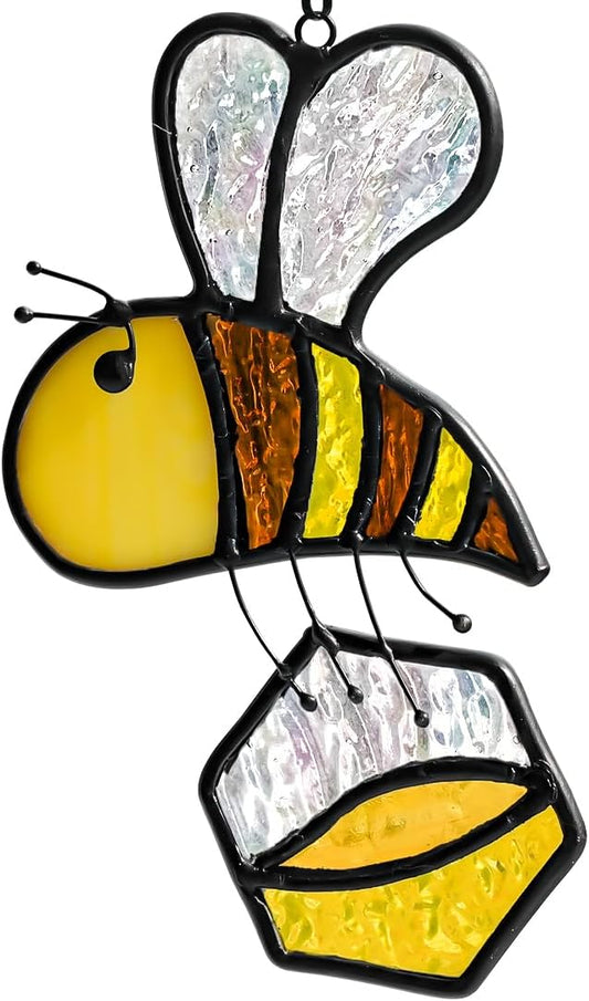 BOXCASA Honey Bee Decor Stained Glass Suncatcher,Bumble Bee Stained Glass Window Hanging,Birthday Bees Gifts for Bees Lover Women Mom Kids,Honeypot Decorations for Home