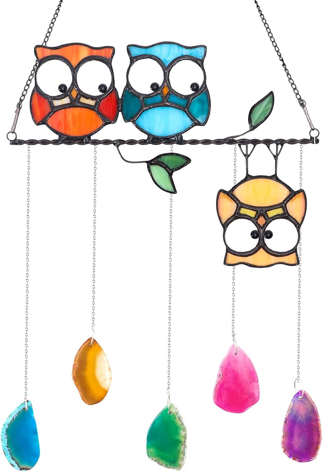 Stained Glass Multicolor Owl Suncatcher Panel with Agate Stones - Window Hanging Art for Garden & Indoor Decor - Vibrant Rainbow Maker Hummingbird Ornamentand Gift for Women and Bird Lovers