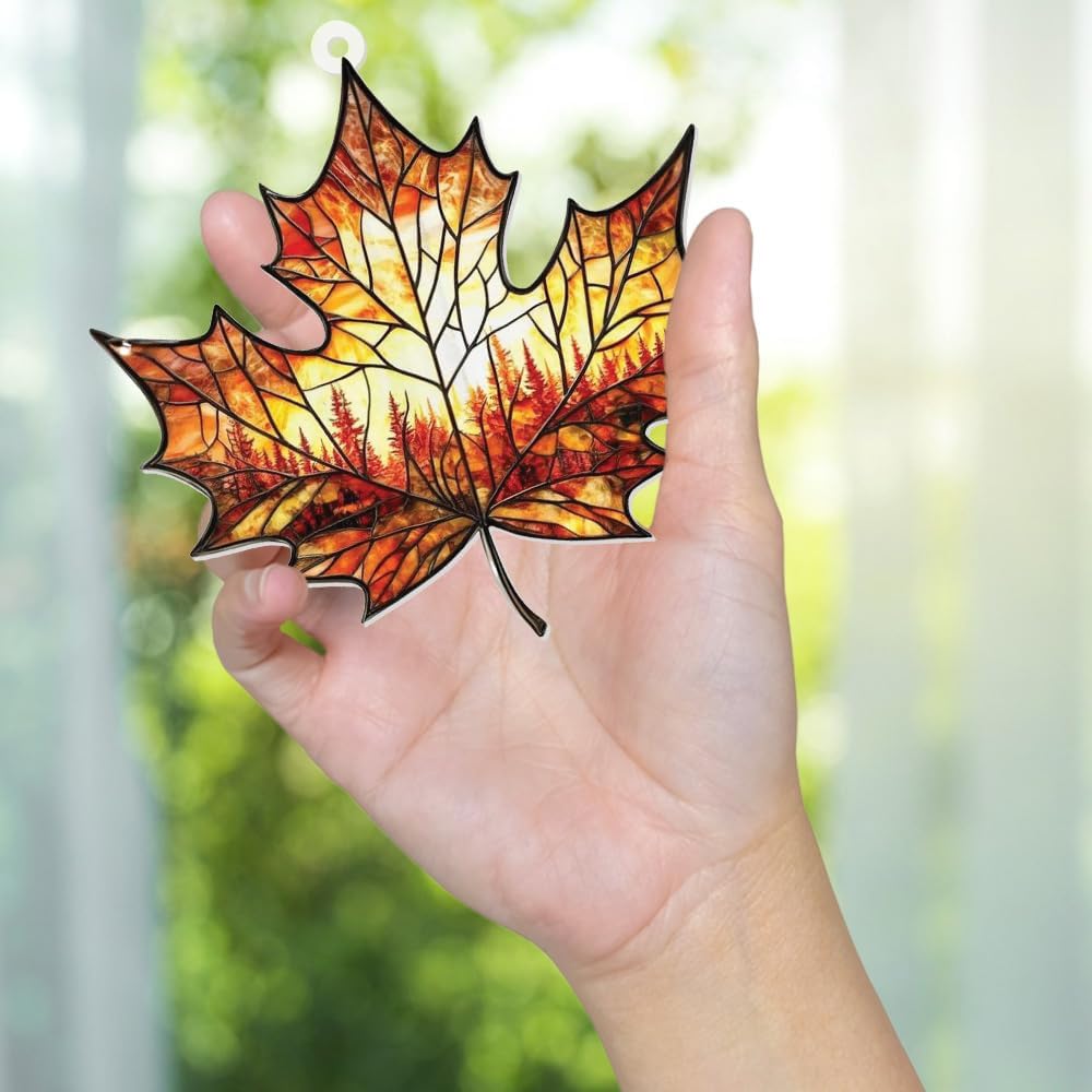 Stained Glass Acrylic Maple Leaf Ornament – Autumn & Christmas Tree Decoration 2025, Fall Harvest Sun Catcher, Nature-Themed Holiday Décor, Maple Leaf Gift for Home & Garden(Sun-14)