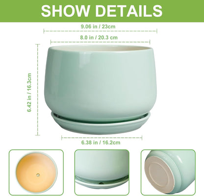 G EPGardening Ceramic Pots for Plants - 9 Inch Ceramic Planter with Drainage and Saucer, Round Planter for Indoor Outdoor Plants, Modern Flower Pots, Garden Decor, Birthday Gifts, Green