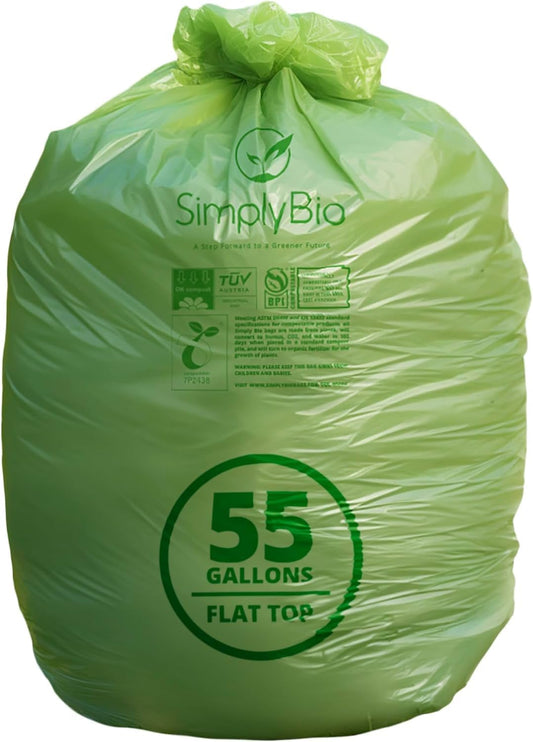 50-55 Gallon Compostable Trash Bags Flat-Top, Heavy Duty Extra Thick 1.57 Mil, 208.2 Liter, 12