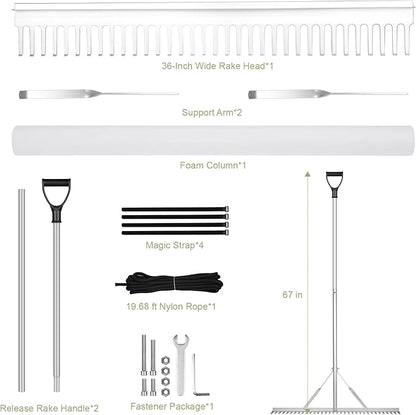Landscape Rake, 36" Aluminum Heavy Duty Lake Weed Rake, Multifunctional Detachable Aquatic with 67'' Extension Handle & 20Ft Rope, for Weed Algae Removal Loosening Soil Lawn Garden Care