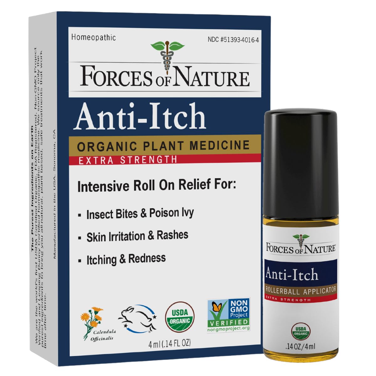 Forces of Nature Anti-Itch Extra Strength, Natural Relief for Itchy Skin from Bug Bites, Insect Stings, and Poison Ivy, Organic Homeopathic Medicine with Easy Rollerball Application, 0.14 Fl Oz