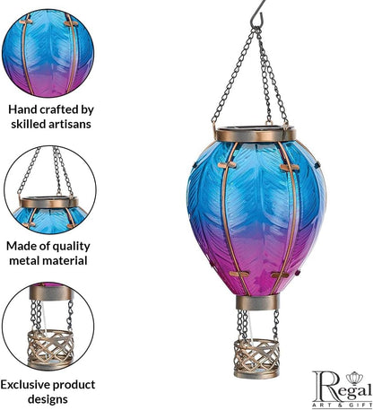 Regal Art & Gift Hot Air Balloon Solar Lantern – Hanging Solar-Powered LED Lights, Waterproof Portable Decorative Outdoor Lamp Made of Metal & Glass for Garden, Patios & Pathway – Blue (Small)